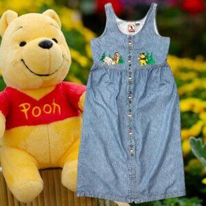 Vintage Disney Store Winnie The Pooh Camping Scouting Denim Full Button Dress MD
